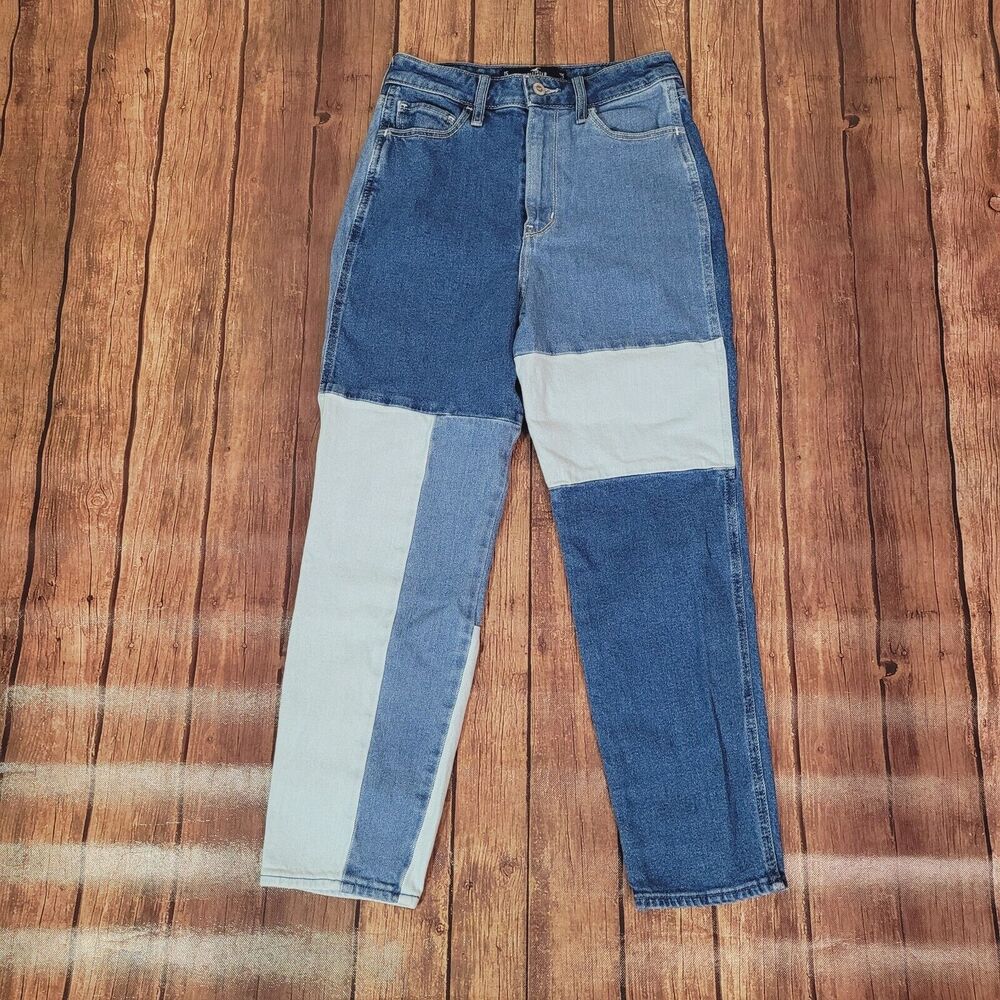 Hollister‎ Womens Ultra High Rise Mom Jeans Blue 1S Juniors Patchwork